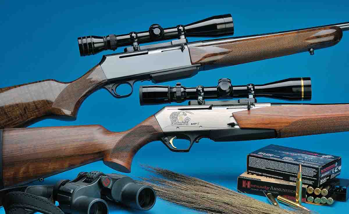 Stan’s old BAR Grade I rifle is shown above. Below, the new BAR Mark 3 test rifle is pictured with a Leupold scope and Burris  base with high-polish Browning rings.